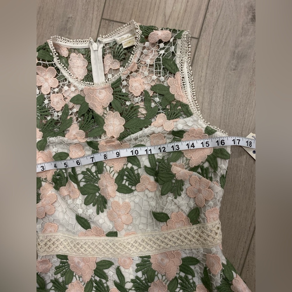 Shoshanna Green and Cream Floral Lace Midi Dress Women's Roseia Cocktail Size 4 - Picture 9 of 11